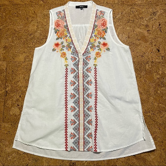 Andrée by Unit White Embroidered Sleeveless Linen Blend Top Sz S - Picture 9 of 14